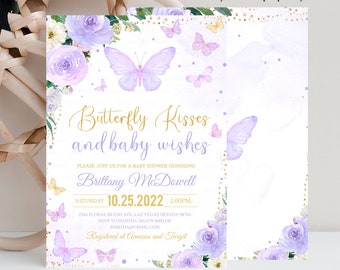 Editable Purple Butterfly Kisses and Baby Wishes Baby Shower Invitation Butterfly Theme Invite Printable Template Instant Download
