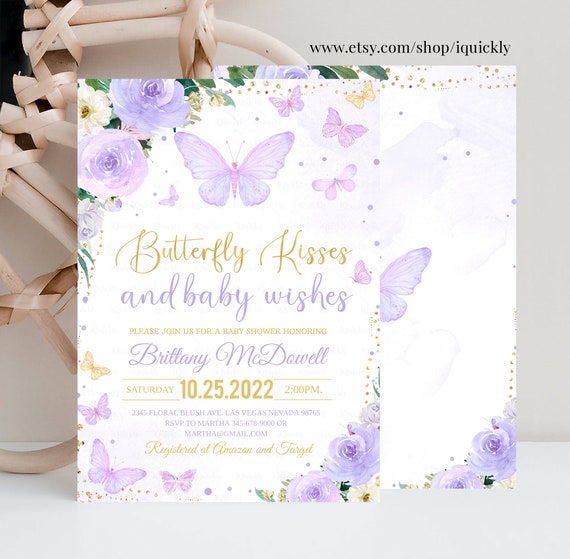 Editable Purple Butterfly Kisses and Baby Wishes Baby Shower Invitation