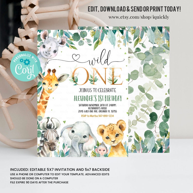 May include: Editable 5x7 inch invitation for a first birthday party with a jungle theme. The invitation features a watercolour illustration of a giraffe, zebra, elephant, lion, and monkey. The text on the invitation reads "Wild One" with a gold glitter accent. The invitation is personalised with the name "Alexander".