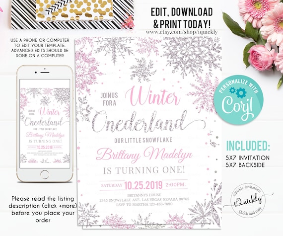 Editable Winter Onederland Invitation, Girl Snowflake First Birthday Pink Silver Winter Wonderland Invites 1st Birthday Template Download Il_570xn