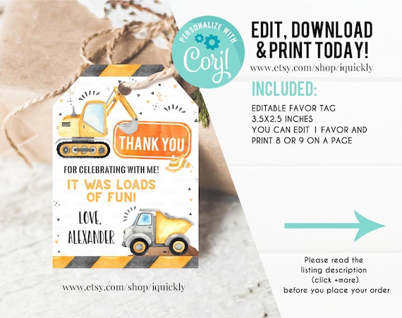 Construction Birthday Favor tags EDITABLE, Dump Truck Party Thank you tags, Gift tags Template printable Instant Digital download Il_570xn