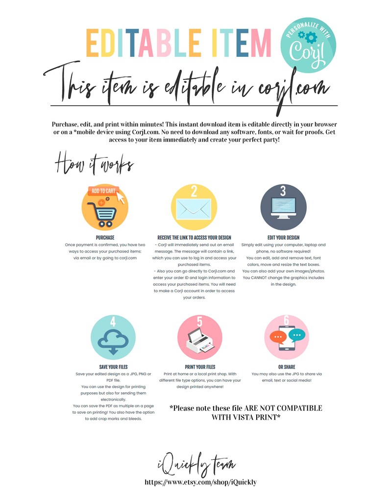 May include: A colorful graphic with instructions on how to use a digital design platform. The text reads "Editable Item" and "This item is editable in corjl.com". The graphic includes six steps with icons and text describing each step. The text also includes "Please note these file are not compatible with Vista Print*"