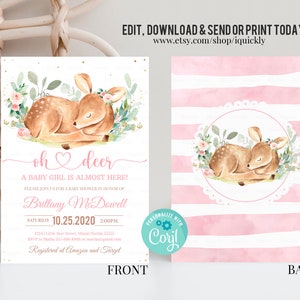 Editable Oh Deer Baby Shower Invitation Bundle, Floral Girl Baby deer Shower Invite Set Template Printable Digital Instant download image 2
