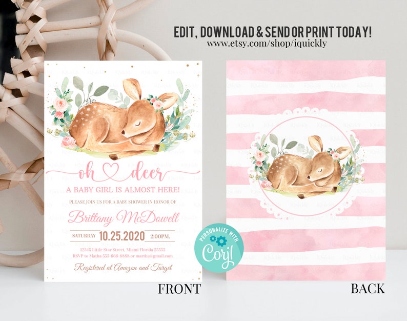 Editable Oh Deer Baby Shower Invitation Bundle, Floral Girl Baby deer Shower Invite Set Template Printable Digital Instant download image 2