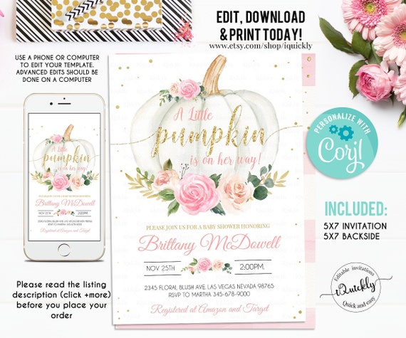 EDITABLE Pumpkin Baby Shower Invitation, Floral Pink and gold Girl little Pumpkin Baby Shower Invites, Fall Autumn Instant Download Template Il_570xn
