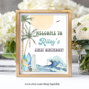 Editable The Big One Surf Welcome Sign Boy 1st Birthday First Table Sign Beach Party Retro Big Wave Template Corjl