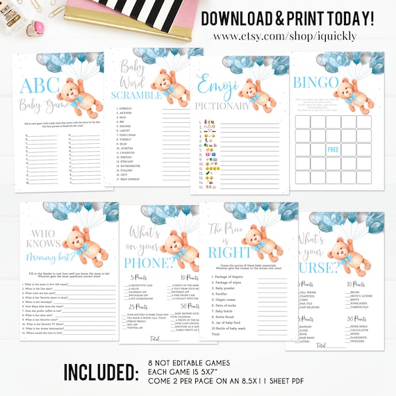 Teddy Bear Baby Shower Games,Boy Baby Shower Game Bundle,Bear Themed Bingo Emoji The price is right Instant Download Digital Il_570xn