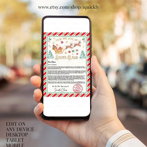May include: A smartphone displaying a Christmas-themed letter from Santa Claus. The letter features a red and green border, a Santa Claus illustration, and the text "From the Desk of Santa Claus." The phone is held in a hand.