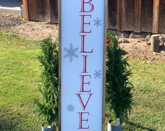 Believe Vertical Wood Sign: Rustic Farmhouse Holiday Decor