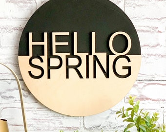 Cartello in legno "Hello Spring": decorazione in stile rustico bicolore