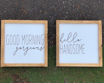 Hand Painted Wood Sign Set, Good Morning, Hello Handsome