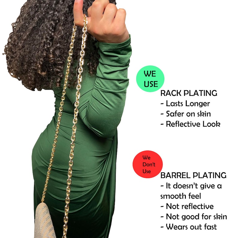 May include: A gold chain necklace with a green dress. The text "WE USE" is in a green circle and the text "RACK PLATING" is in black text. The text "Lasts Longer", "Safer on skin", and "Reflective Look" are in black text. The text "We Don't Use" is in a red circle and the text "BARREL PLATING" is in black text. The text "It doesn't give a smooth feel", "Not reflective", "Not good for skin", and "Wears out fast" are in black text.