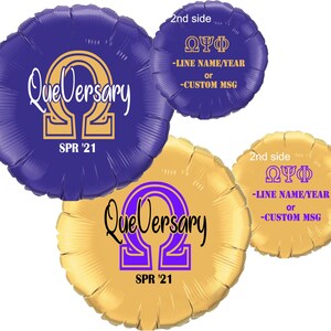 QueVersary, Que-Birthday mylar balloon, Omega Psi Phi Fraternity, Gold round mylar balloon