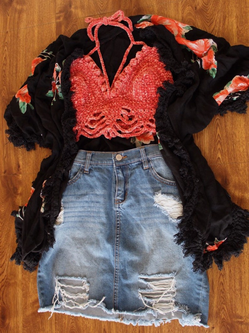 Boho crop top Summer Halter Velvet Crochet Bralette Festival Outfit