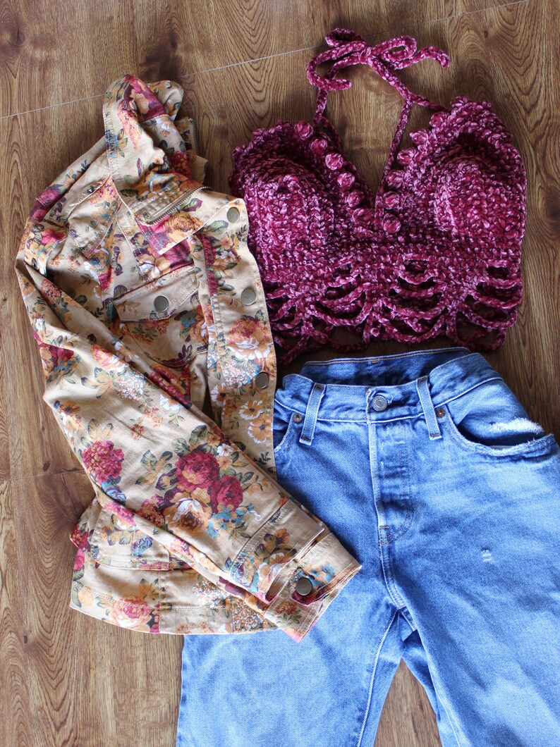 Boho crop top Summer Halter Velvet Crochet Bralette Festival Outfit