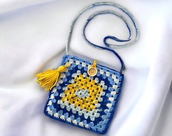 Granny Square Crochet Bag, Small crochet shoulder bag, girl handbag, women handbag, blue and yellow granny square