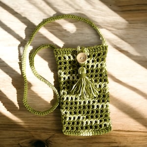 Borsa per telefono all'uncinetto verde con nappa, custodia per telefono all'uncinetto, piccola borsa da collo, borse per telefono in cotone
