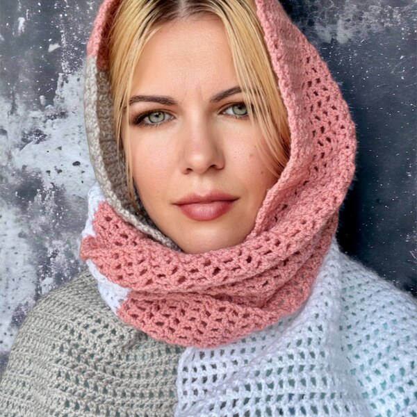 Knit scarf for women, handmade crochet  neckwarme, pink with white and gray scarf