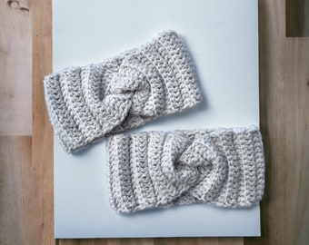 Gray crochet headband, twist turban headband, Ear Warmer Head Warmer