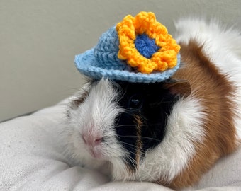 Crochet blue hat with brim and yellow flower for Guinea Pigs and Other Small Pets / Small Handmade Accessories for Pets