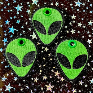 May include: Three green alien patches with black eyes and a green grommet at the top. The patches are embroidered with a black border. The background is black with a pattern of stars in various colors.