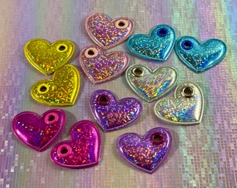 PAIR of Holographic Glitter Print Hearts - TWO (left & right) Heart Roller Skate Lace Patch - Heart Shoelace Accessory Set for roller skates