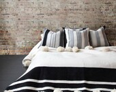 White Cotton Moroccan Pompom Blanket,bedroom blanket,moroccan throw blanket,pompom blanket, blanket White and Black stripes and pompoms