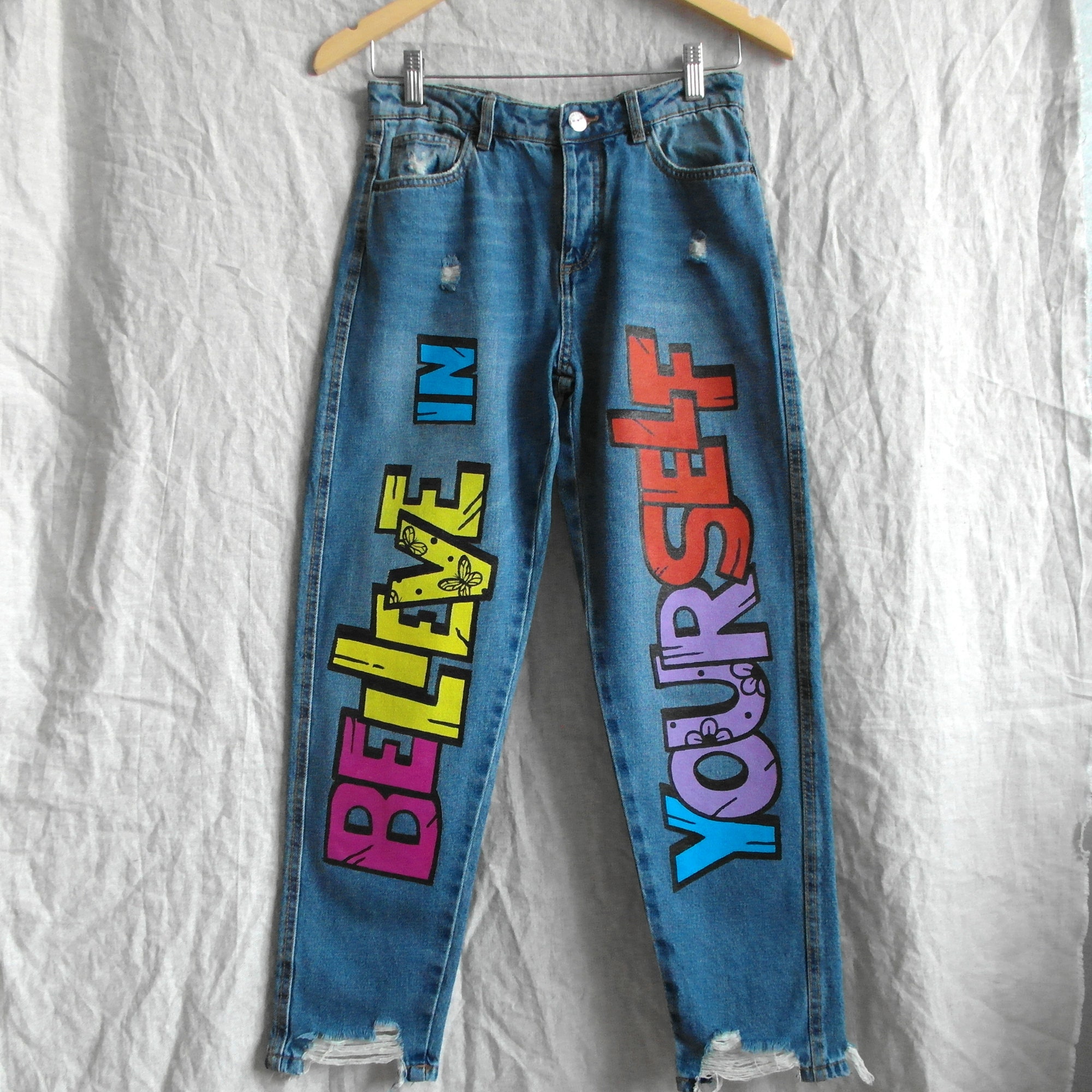 Handpainted jeans with custom text on request | Etsy
