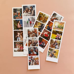 May include: Several white photo strips displaying family photographs. The images depict scenes such as festive celebrations, outdoor adventures, and individual portraits. The photos are arranged in vertical strips, forming a collage.