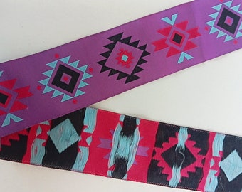Ruban Jacquard GÉOMÉTRIQUE Bordure en polyester 38 mm de large, motif ethnique violet/rose vif/turquoise/marine/ruban rose pour ceintures/bracelets