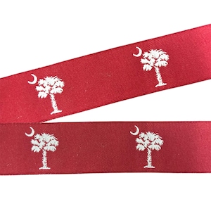 Lot 1-South Carolina State Flag PALMETTO Tree Crescent REVERSIBLE Woven JACQUARD Polytrim Width - 5/8&quot;- 7/8&quot;- 1” White tree and Red bcground