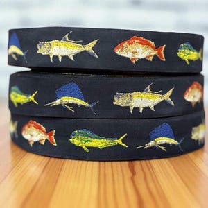 Cinta jacquard multicolor con estampado de peces marinos/de agua salada, ideal para manualidades de costura (cinturones, collares, correas).