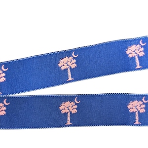 Lot 2-South Carolina State Flag PALMETTO Tree Crescent REVERSIBLE Woven JACQUARD Polytrim Width - 5/8&quot;- 7/8&quot;- 1” Pink tree and Navy bcground