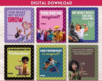 May include: Six printable Valentine's Day cards featuring characters from the animated film "Encanto". The cards have different messages, including "You make my heart grow", "You are so magical", "My heart beats strong for you Valentine", "I'm wild about you Valentine", "Our friendship is magical", and "Can we talk about how much I enjoy our friendship?"