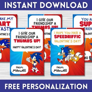Tarjetas de San Valentín Sonic Hedgehog / Tarjetas de San Valentín para niños / Tarjetas de San Valentín imprimibles / Descarga instantánea / San Valentín personalizado