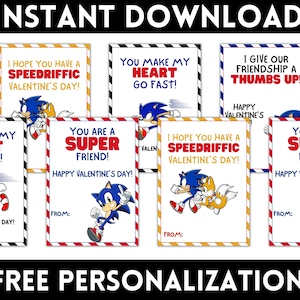 Tarjetas de San Valentín Sonic Hedgehog / Tarjetas de San Valentín para niños / Tarjetas de San Valentín imprimibles / Descarga instantánea / San Valentín personalizado