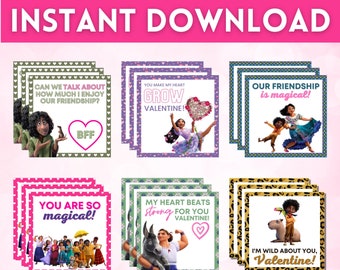 May include: Printable Valentine's Day cards featuring characters from Disney Pixar's Encanto and Luca. The cards have different designs and messages, including "You are so magical!" and "Our friendship is magical!"