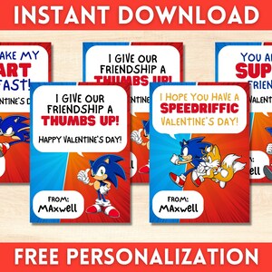 Tarjetas de San Valentín Sonic Hedgehog / Tarjetas de San Valentín para niños / Tarjetas de San Valentín imprimibles / Descarga instantánea / San Valentín personalizado
