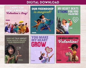 May include: Six printable Valentine's Day cards featuring characters from the animated film "Encanto". Each card has a different message and features a different character from the film. The cards are pink, purple, green, and red.