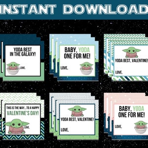 Tarjetas del Día de San Valentín de Baby Yoda - Descarga digital instantánea imprimible Valentines Star Wars Space - Niños imprimibles Valentines - Yoda Valentine
