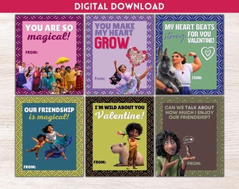 May include: Six printable Valentine's Day cards featuring characters from the animated film "Encanto". The cards have different messages, including "You are so magical!" and "I'm wild about you Valentine!"