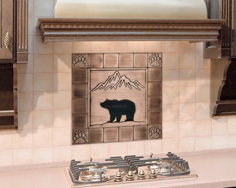 Large Bear and mountains - SET of 21 HANDMADE tiles - Copper, Brass or Stainless Steel