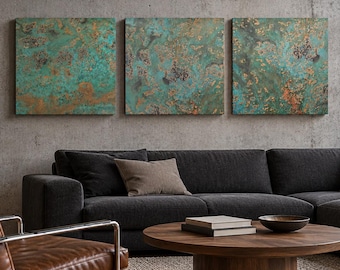 Square Copper Wall Art, 3 Panel Metal Wall Art, Oceanic Copper Pulse Turquoise Patina, Coastal Statement Wall Hanging
