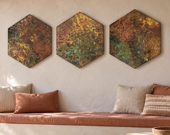 Copper Hexagon Wall Art, Set of 3 Metal Hexagons, Savage Copper Bloom Patina, Geometric Honeycomb Wall Decor, Handmade
