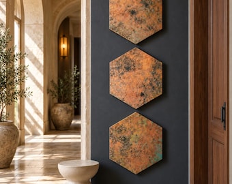 Copper Hexagon Wall Art, Set of 3 Metal Hexagons, Mystic Copper Nebula Patina, Abstract Geometric Wall Decor, Handmade