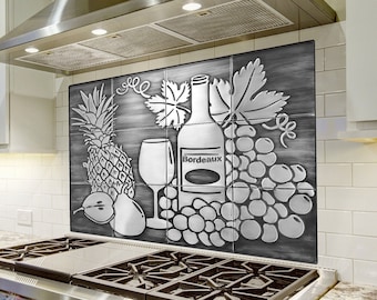 Stainless steel backsplash tiles. Still life, grapes, pineapples, wine,  pear tiles