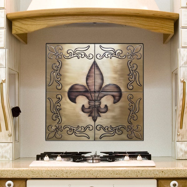 Fleur de lis - Set of 4 Handmade tiles - 100% Brass, Copper or Stainless Steel