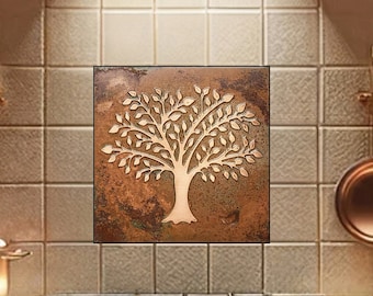 May include: A copper kitchen with a stainless steel range and a copper tree wall tile. The kitchen has copper pots and pans hanging on the walls and shelves.