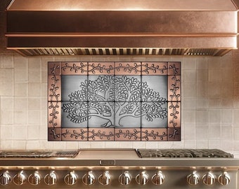 Stainless Steel Tree Centerpiece with Copper Branches - 24 Piece Metal Tile Set for Wall Decor