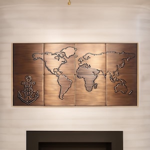 Décoration murale de luxe en forme de carte du monde – Ensemble de panneaux en cuivre faits à la main – Décoration métallique tendance pour cheminée, bureau ou salon